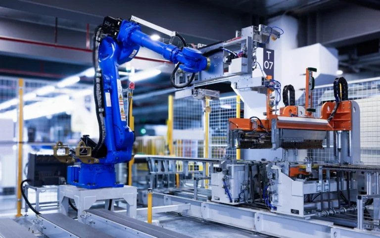 A blue industrial robot arm operating beside factory machinery