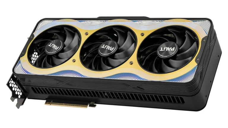 Palit GeForce RTX 5090 graphics card with three cooling fans on a white background
