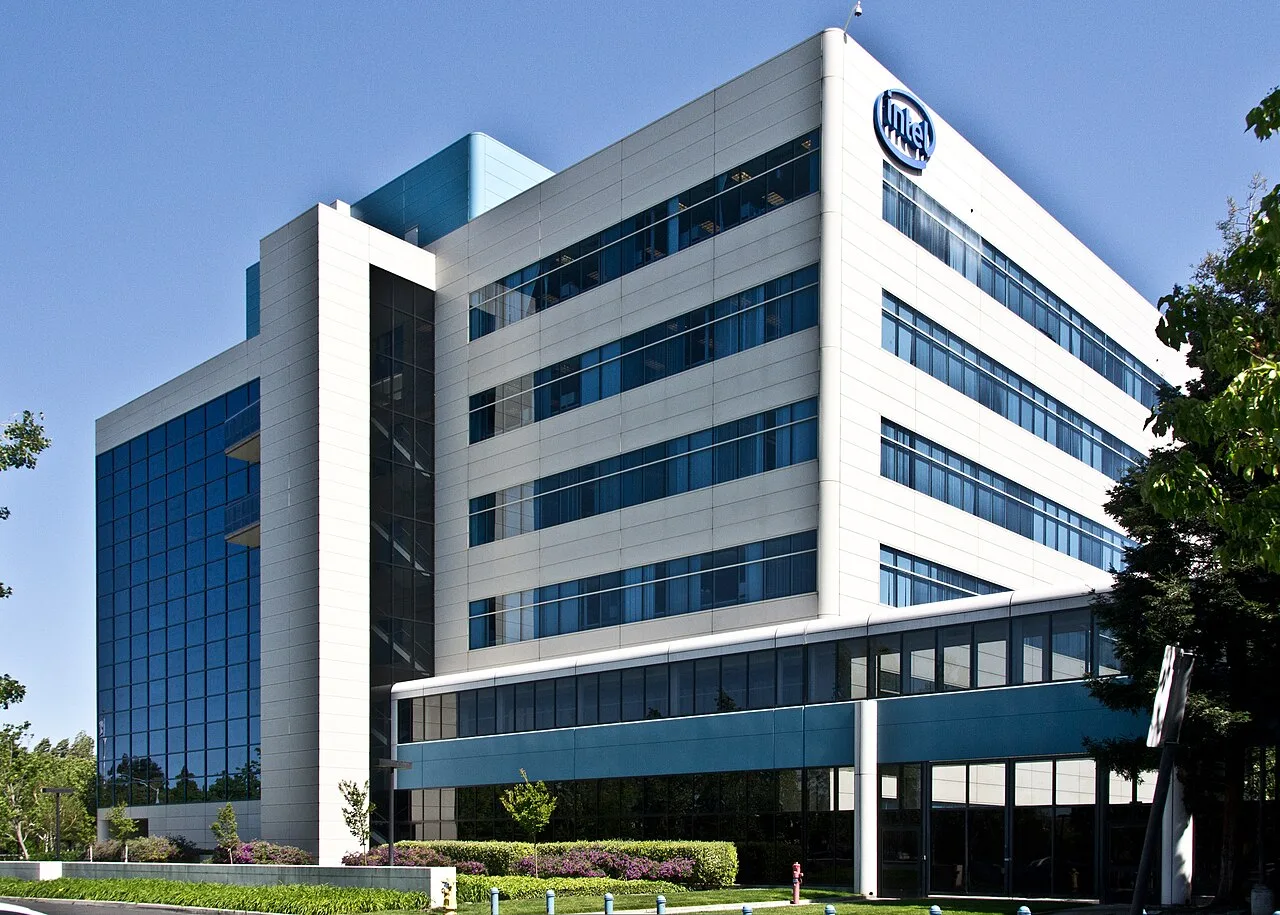 Historical photograph of Intel headquarters and its sign in Santa Clara California