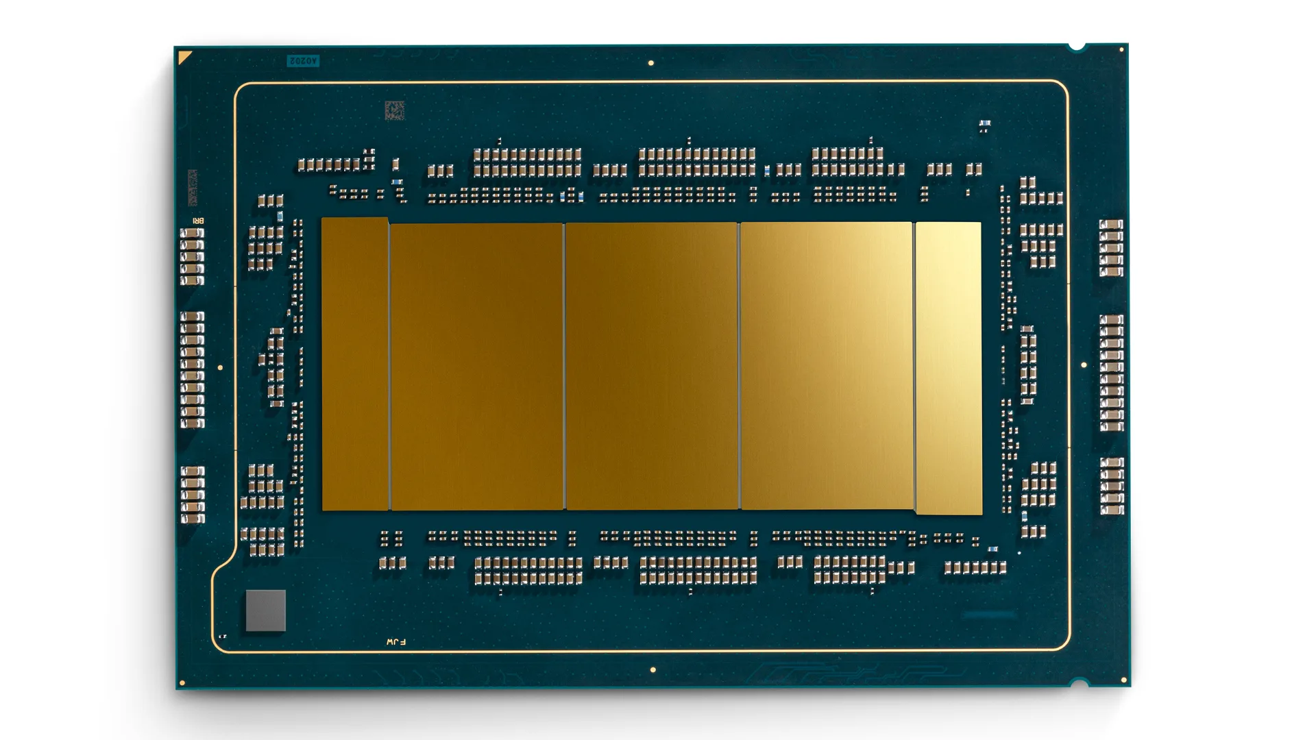 An Intel Xeon 6 processor with exposed gold dies on a green package
