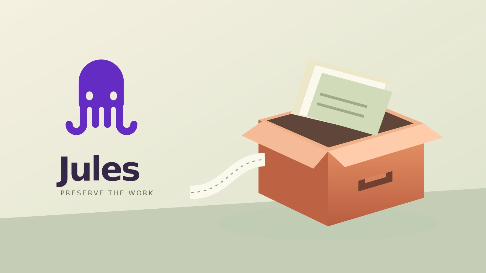 Official Jules octopus symbol beside an illustrated archive box holding saved work.