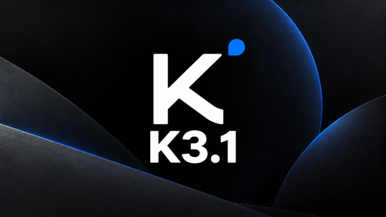 Kimi logo and K3.1 text in a custom dark editorial illustration