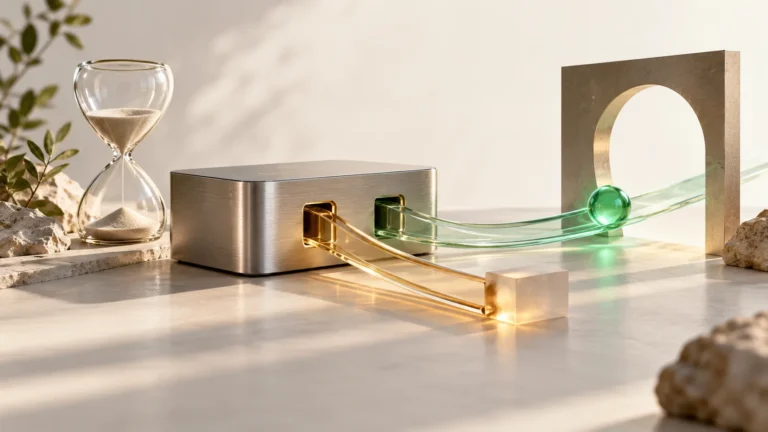 A silver gateway sends glass paths toward an open arch and a stop block beside an hourglass
