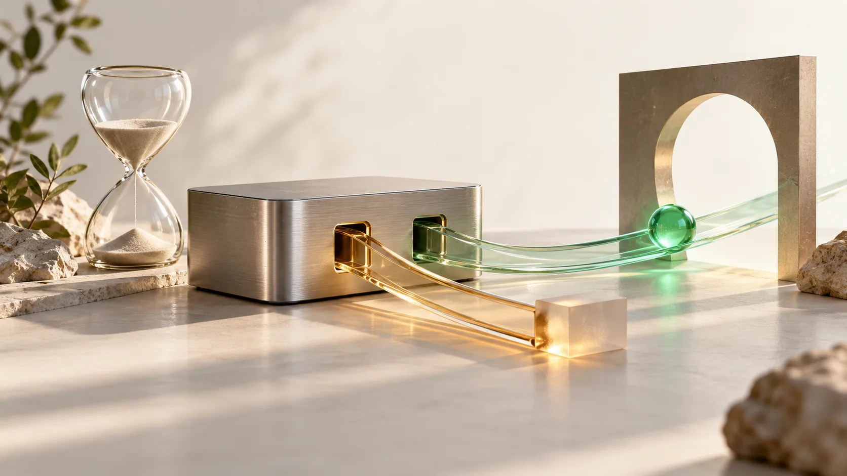 A silver gateway sends glass paths toward an open arch and a stop block beside an hourglass