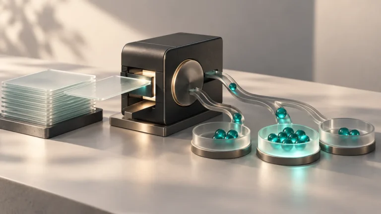 A charcoal computing module sends teal glass spheres into three trays beside a stack of frosted input cards