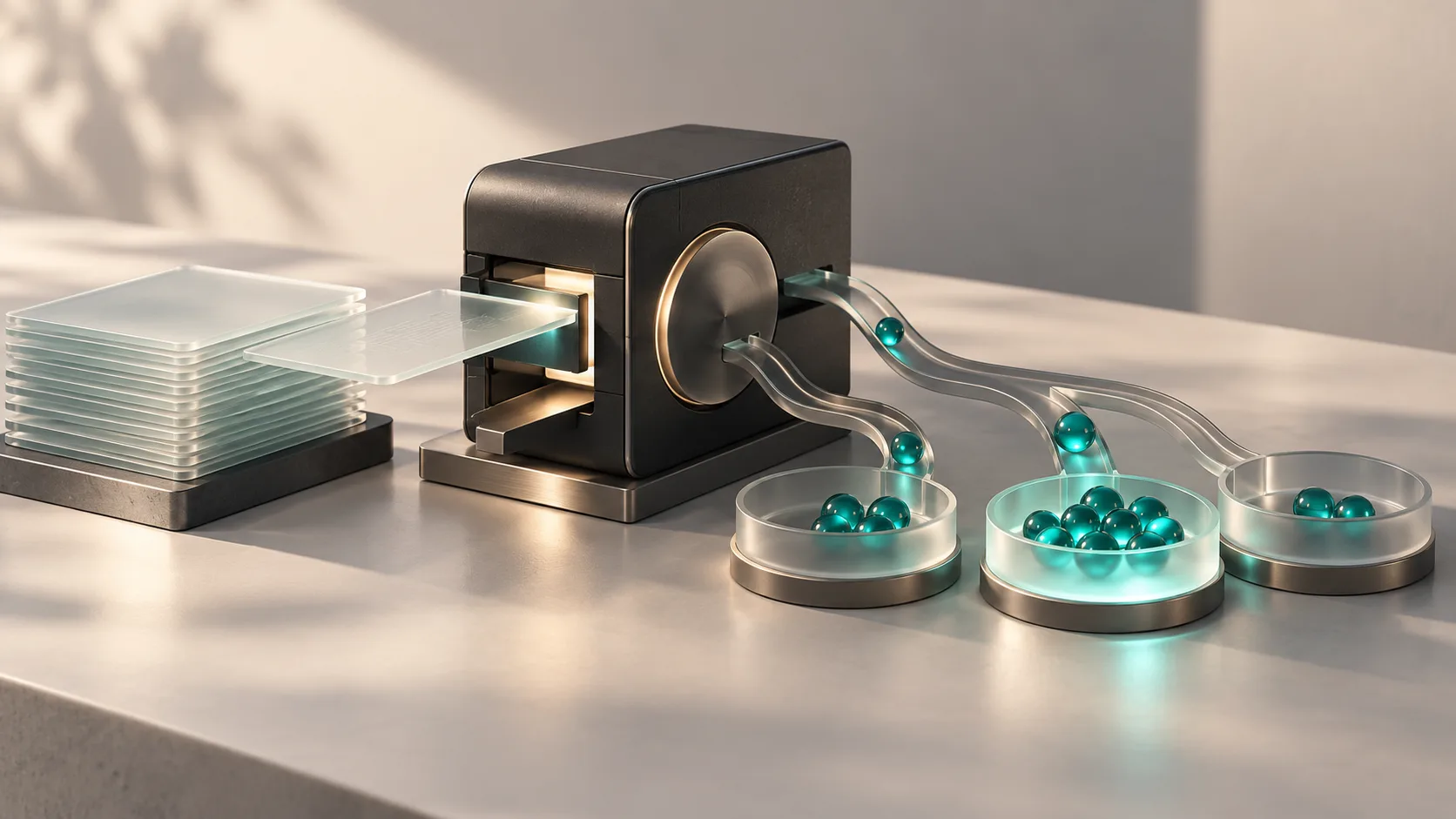 A charcoal computing module sends teal glass spheres into three trays beside a stack of frosted input cards