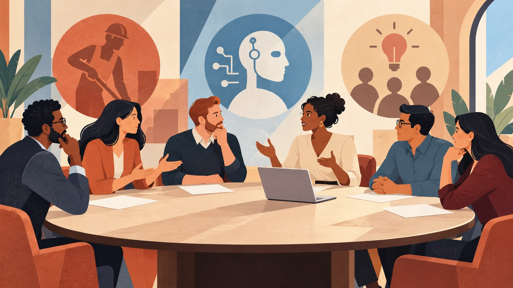 Adult professionals discussing AI and work around a table with papers and a laptop