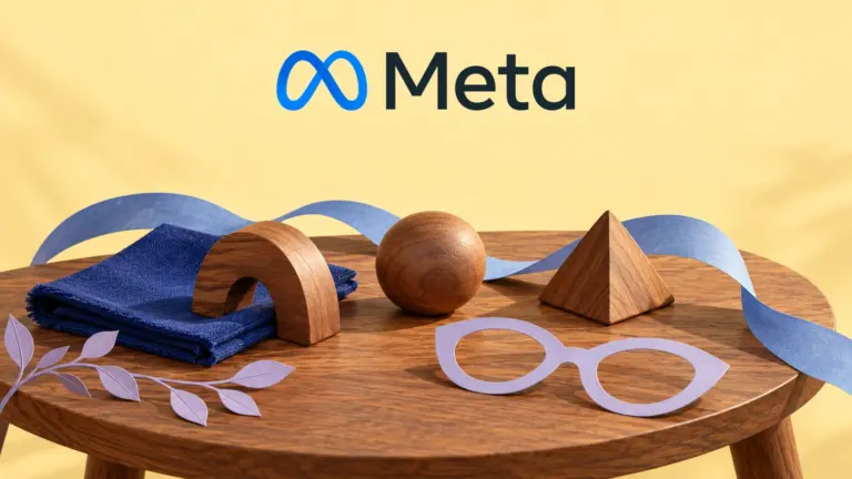 Meta wordmark above wooden learning shapes, blue fabric and a paper eyeglass outline on a shared table.