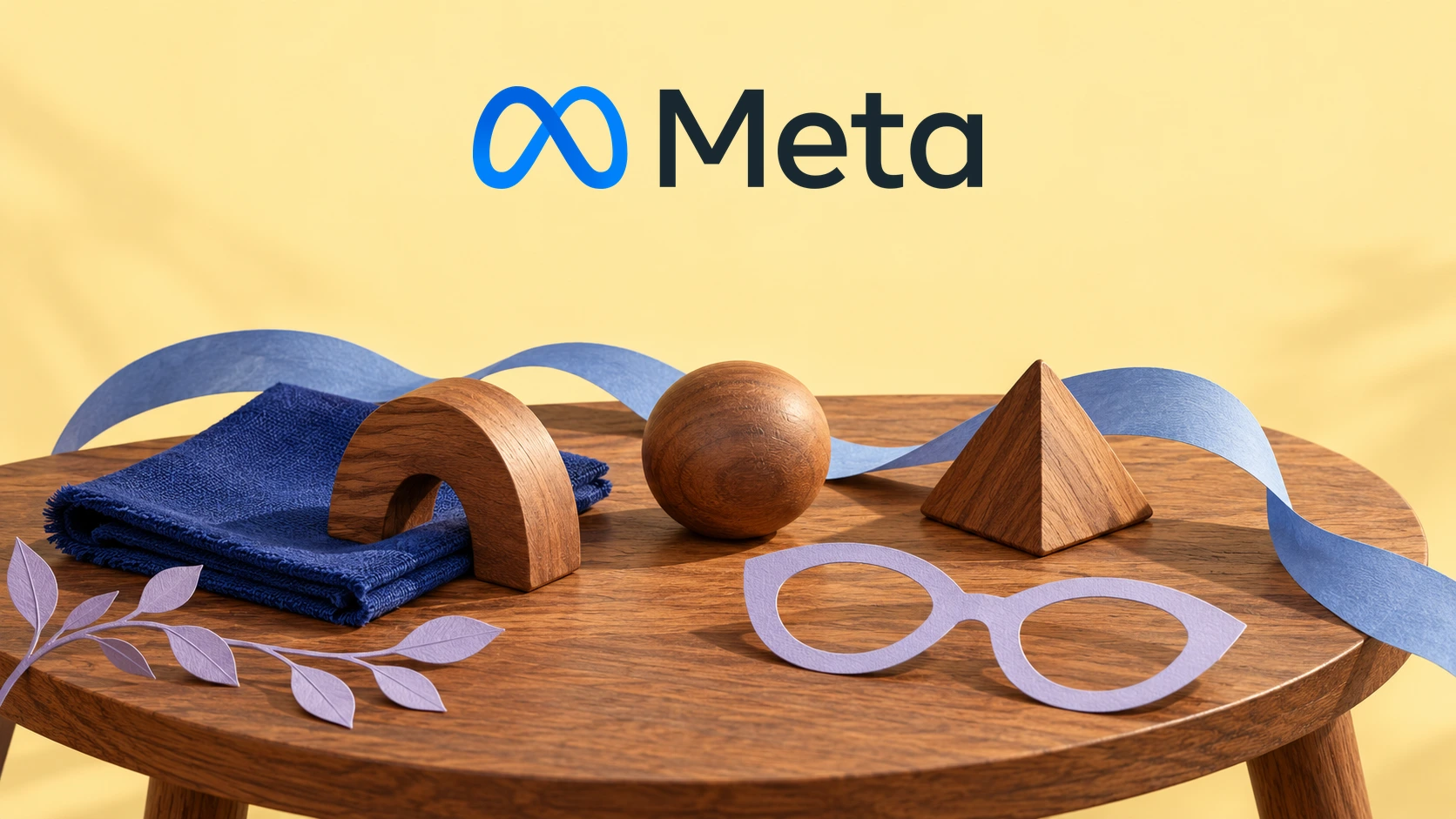 Meta wordmark above wooden learning shapes, blue fabric and a paper eyeglass outline on a shared table.