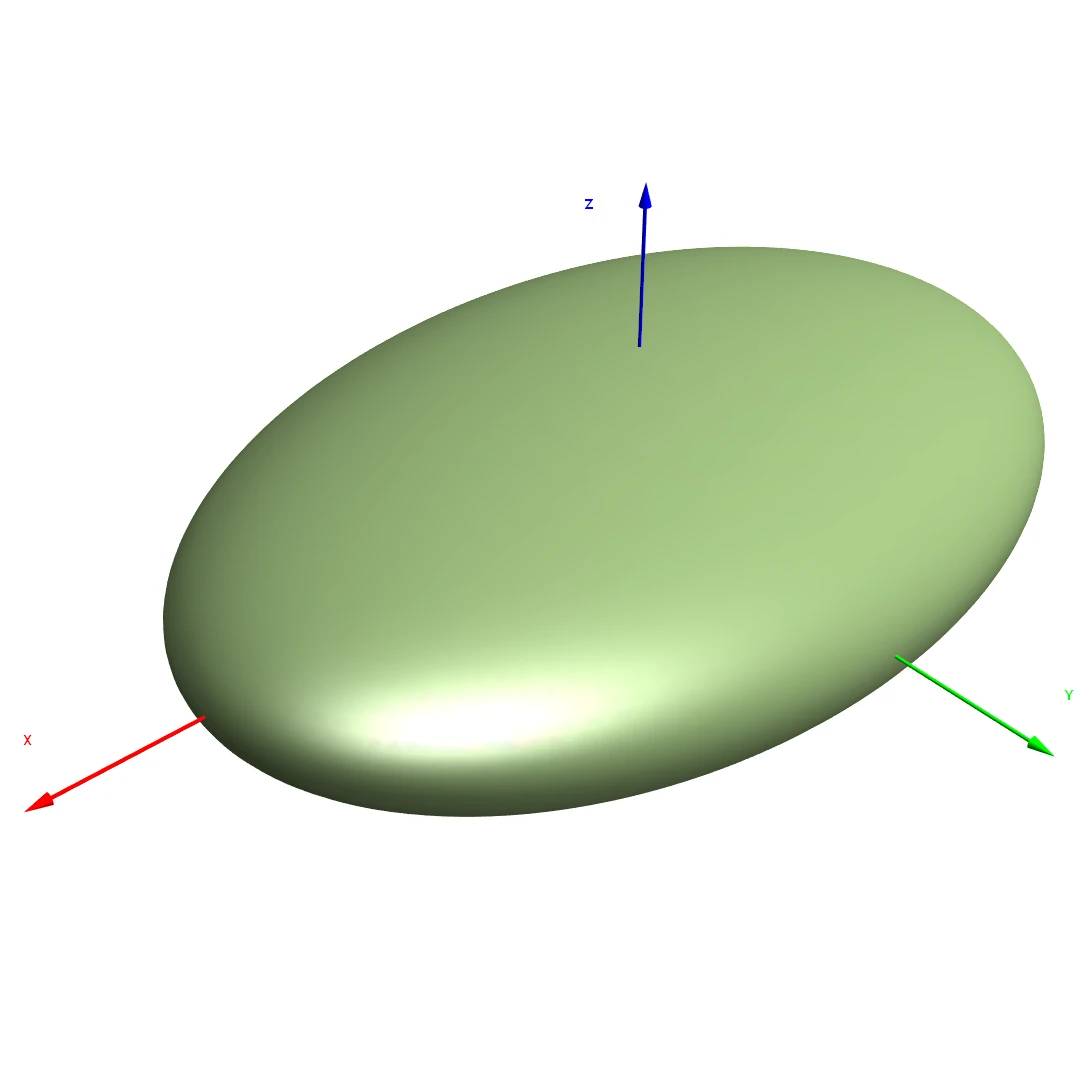 Green ellipsoid with red x axis green y axis and blue z axis arrows
