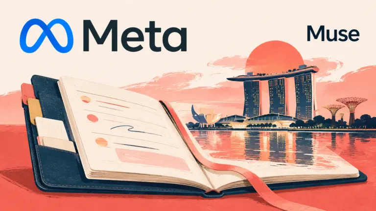 Meta logo and Muse label above an illustrated Singapore waterfront rising from an open personal planner.