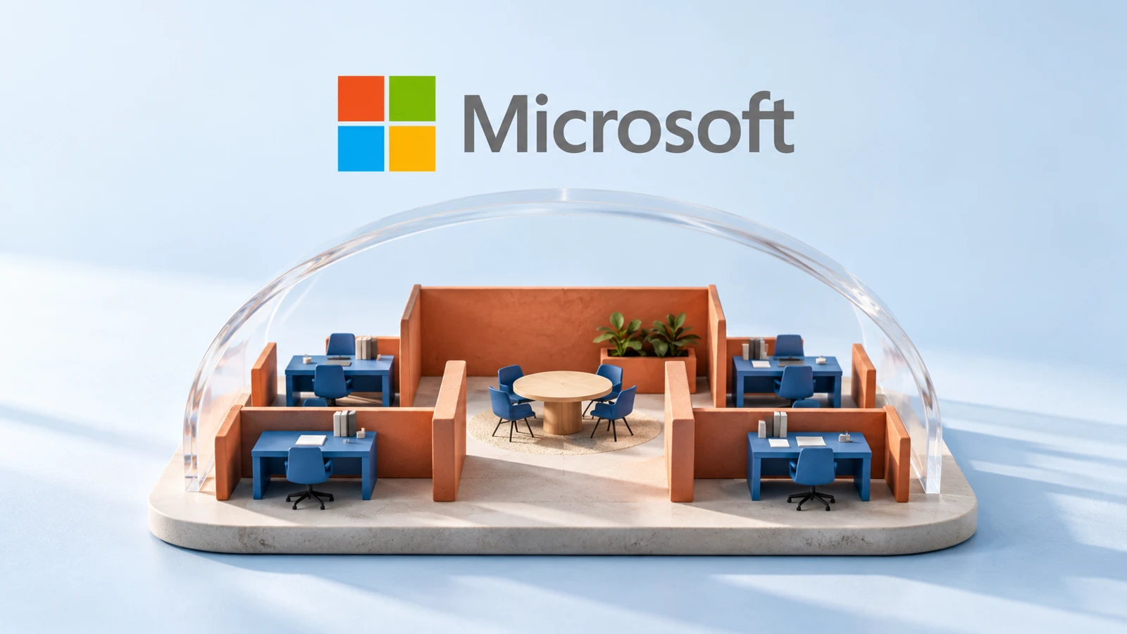 Microsoft logo above a miniature fictional office with blue desks, terracotta walls and a clear arch.