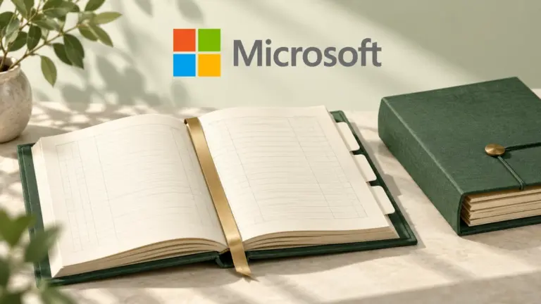 Microsoft logo above a green accounting ledger and separate records folder in an AI-generated illustration.