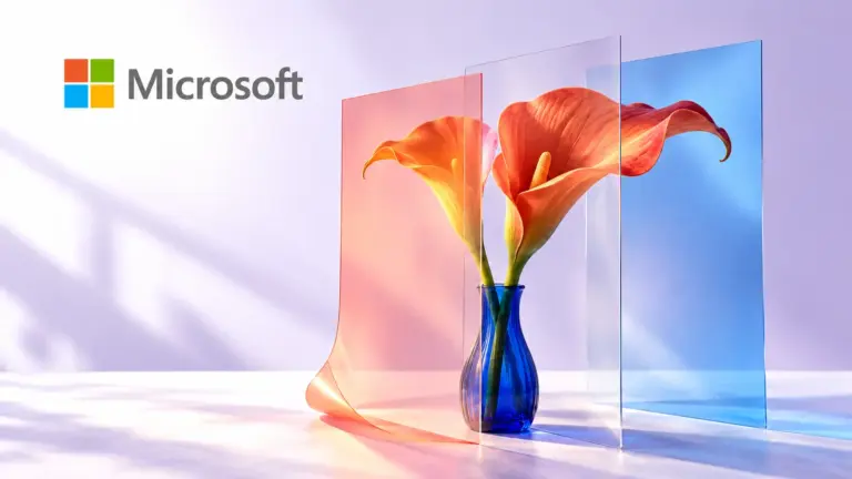 Microsoft logo beside coral calla lilies seen through transparent pink and blue layers in an AI generated illustration.