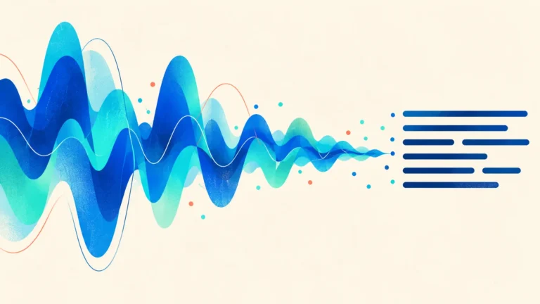 Blue and turquoise sound waves become tidy abstract text lines on an ivory background