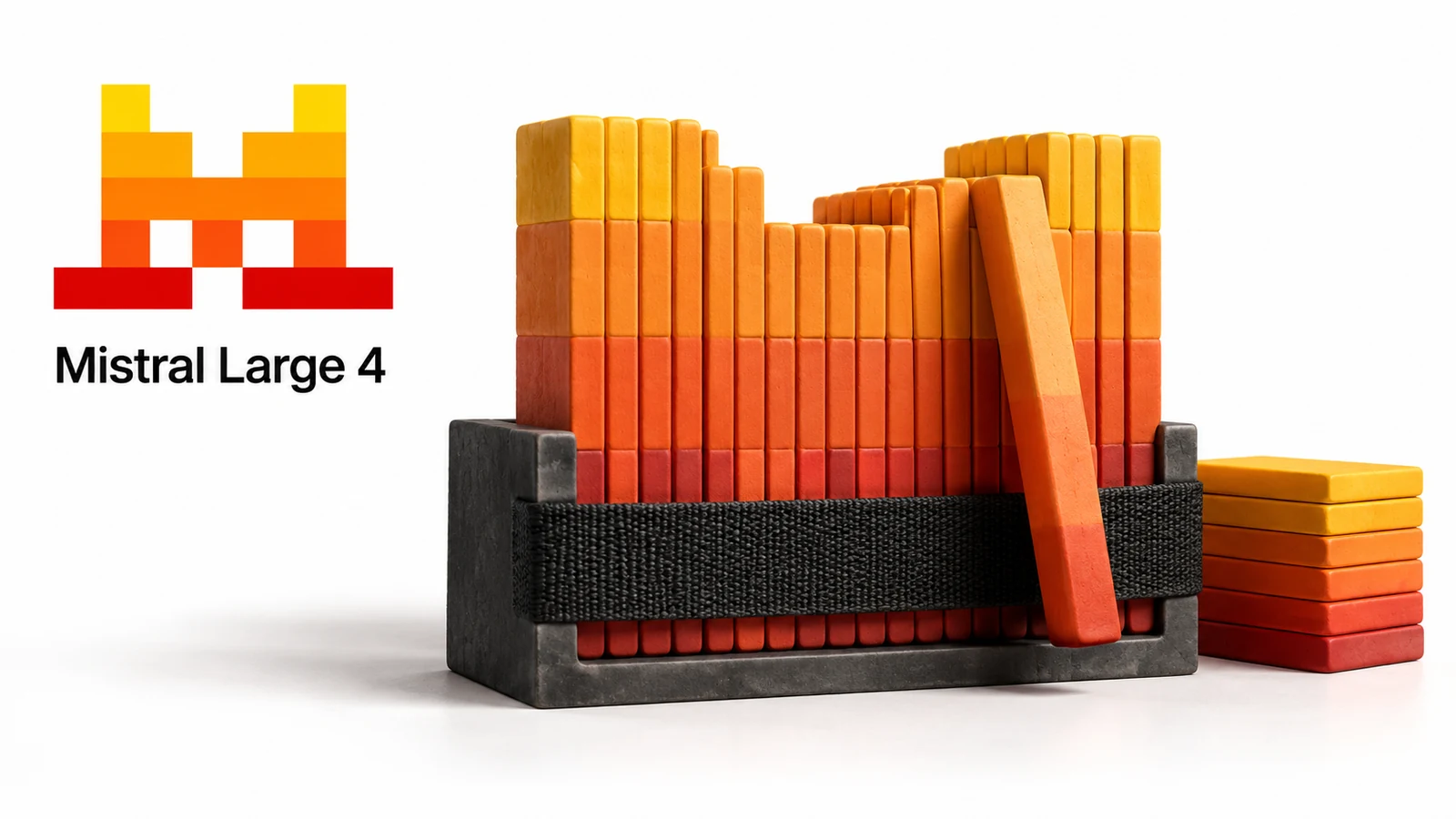 Mistral icon beside orange ceramic slats held in a dark cradle with a woven band.
