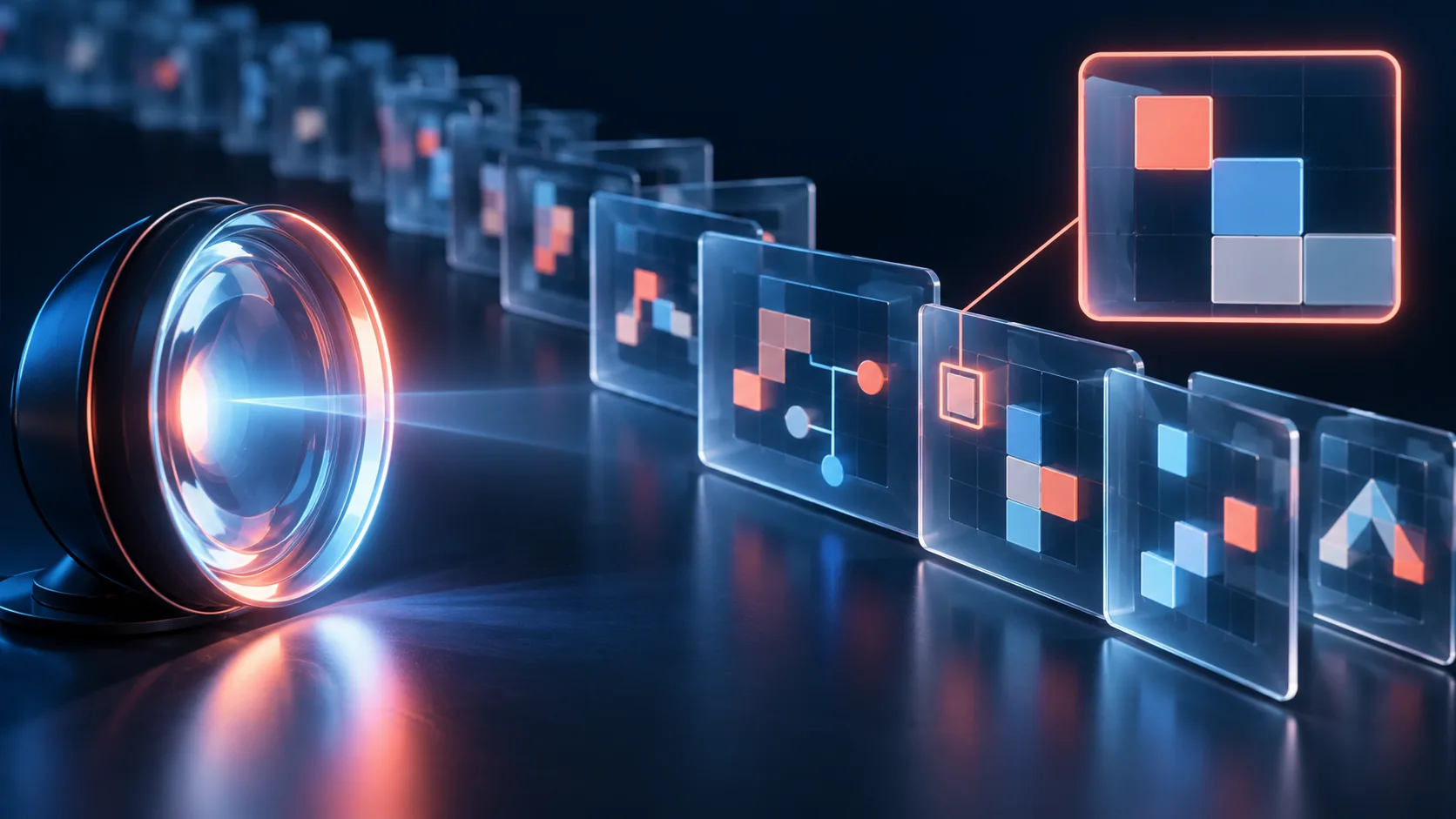 Conceptual illustration of a lens inspecting geometric puzzle details across stored image frames
