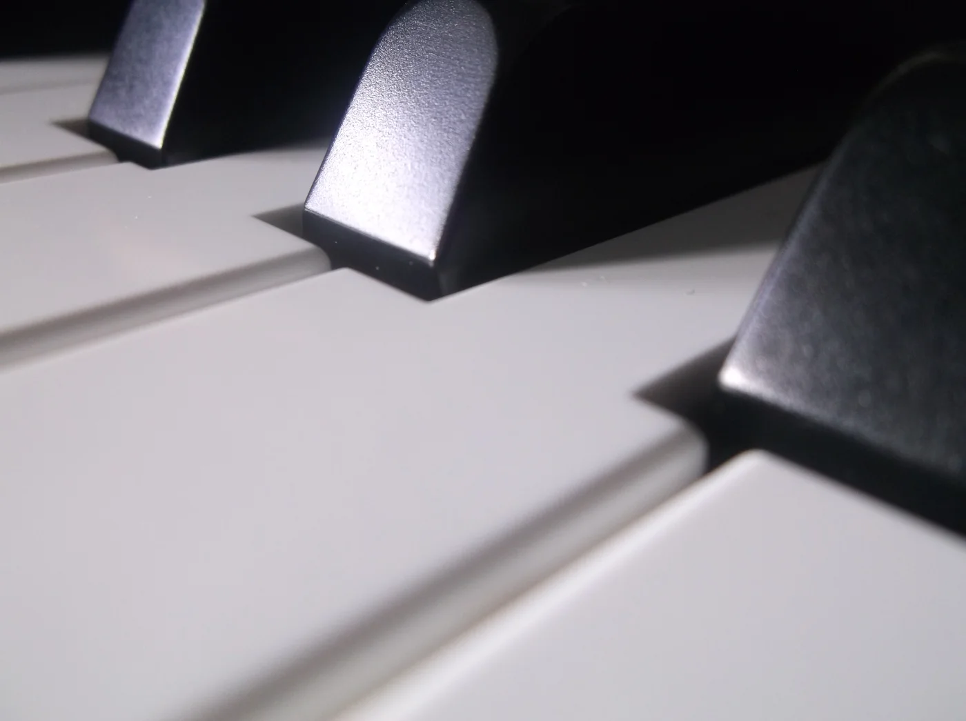 Close view of black and white piano keys with light falling across their surfaces
