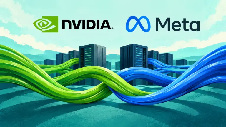 NVIDIA and Meta logos above interwoven green and blue cables connecting illustrated server cabinets.