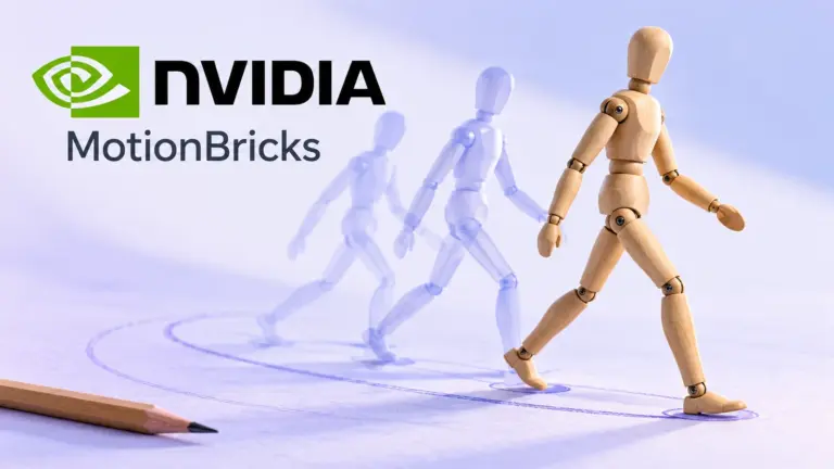 Walking wooden mannequin with translucent earlier poses beside NVIDIA and MotionBricks labels on a lavender drafting surface.