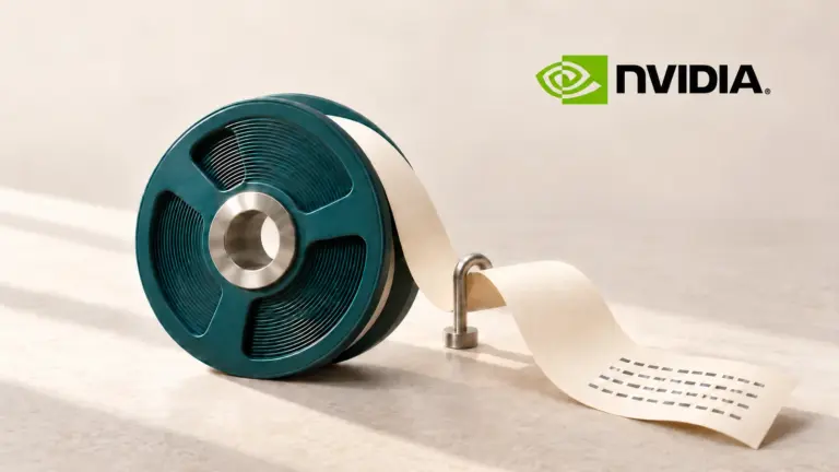 NVIDIA logo above a teal grooved reel and an ivory paper ribbon passing through a metal guide.