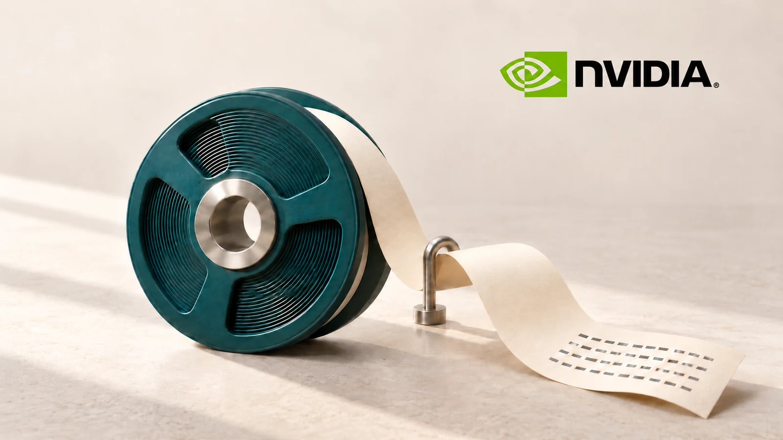 NVIDIA logo above a teal grooved reel and an ivory paper ribbon passing through a metal guide.