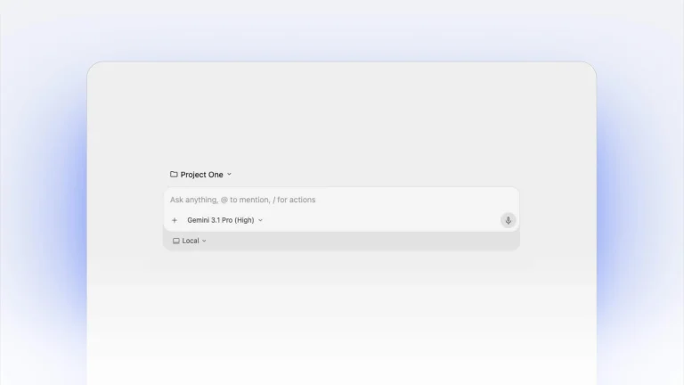 Google Antigravity product interface with a Gemini 3.1 Pro selector