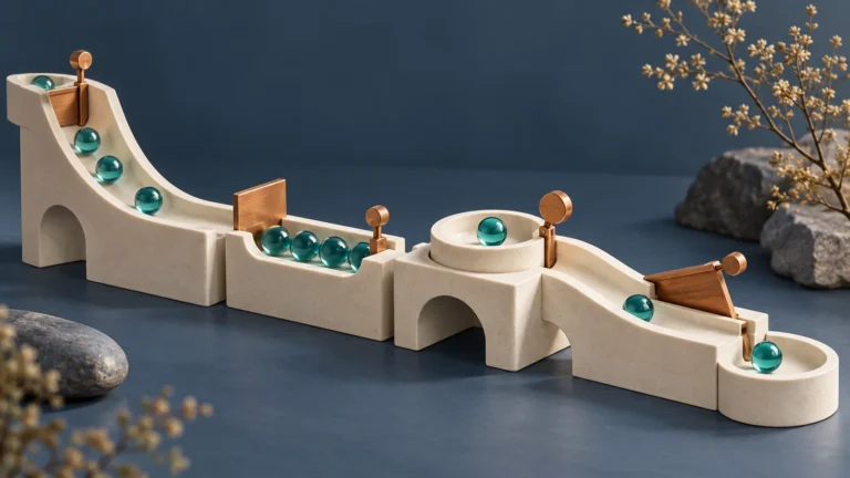 Teal glass spheres pass through ivory ceramic channels with adjustable copper gates against a slate blue background