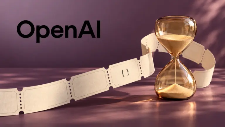 OpenAI wordmark beside cream service tickets and an amber hourglass on a plum backdrop.