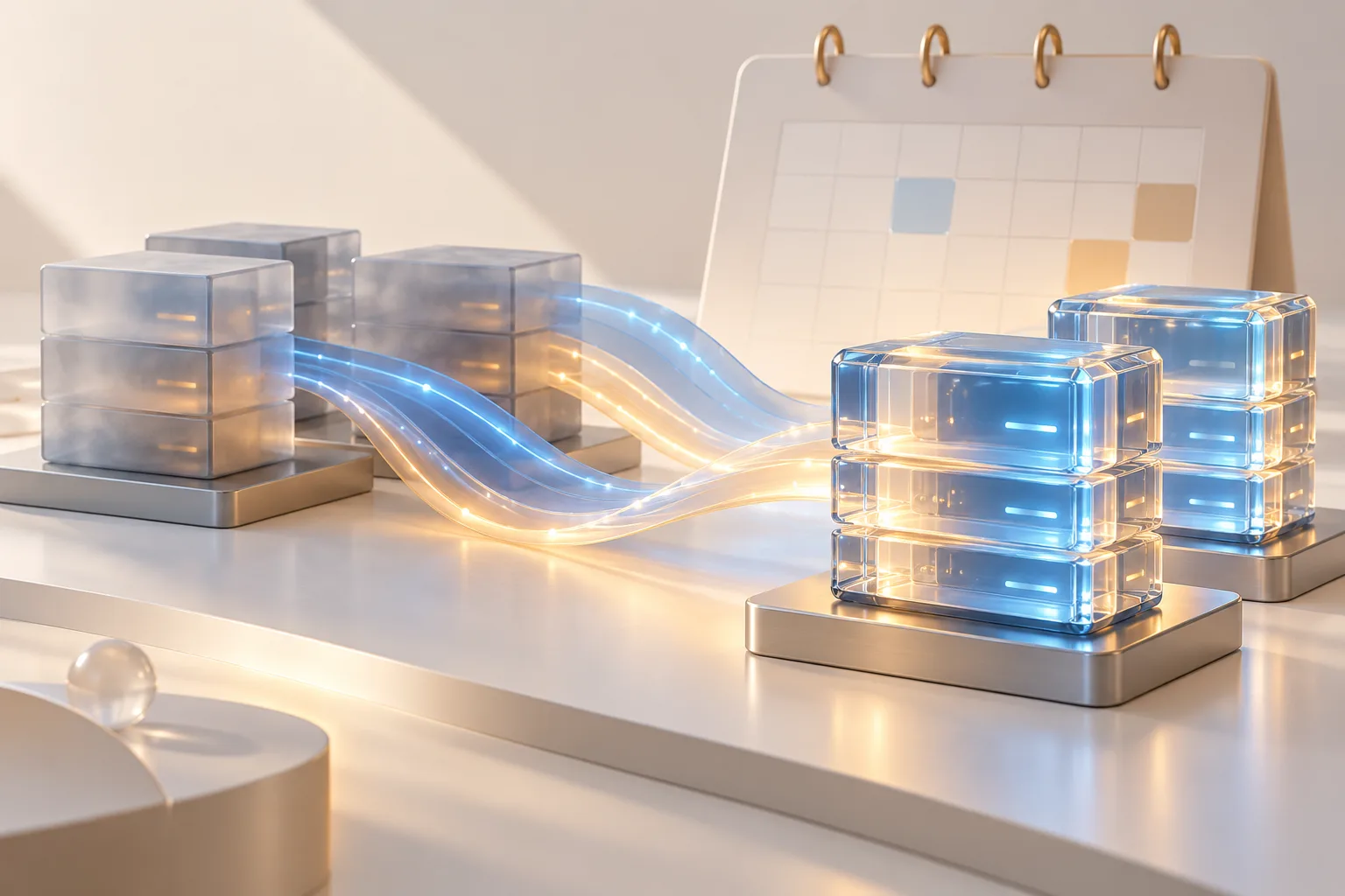 Glass computing modules connected by blue and amber ribbons beside an unmarked calendar