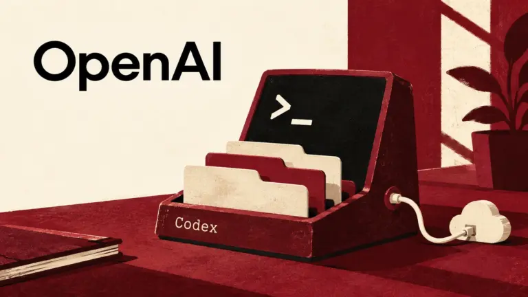 OpenAI wordmark above a burgundy terminal-shaped organizer marked Codex, with tabbed folders and a connected cloud-shaped socket.