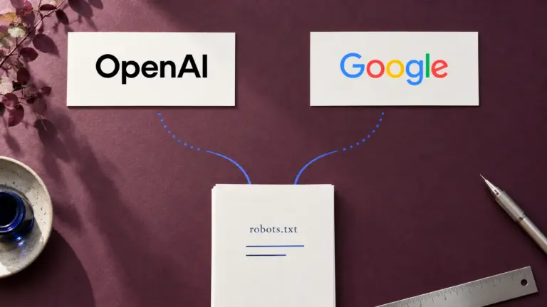 OpenAI and Google wordmarks on separate paper cards above a robots.txt document with dotted blue paths.