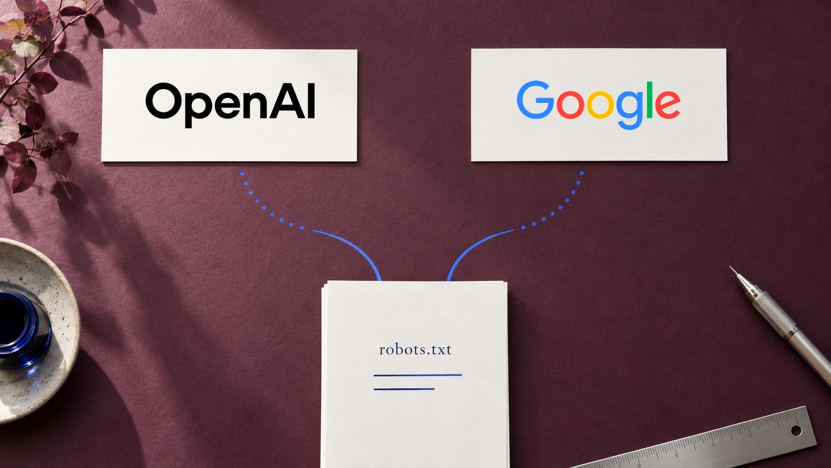 OpenAI and Google wordmarks on separate paper cards above a robots.txt document with dotted blue paths.