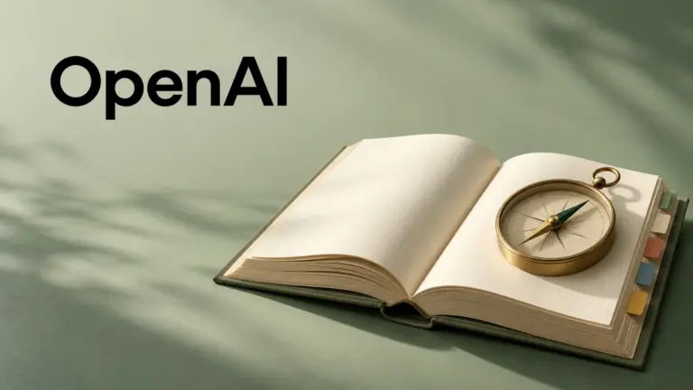 OpenAI wordmark beside an open blank book and brass compass on a sage-green surface.