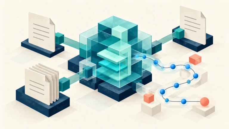 Original AI generated conceptual editorial illustration of interlocking teal data blocks, document sheets and connected trace nodes on an ivory background.