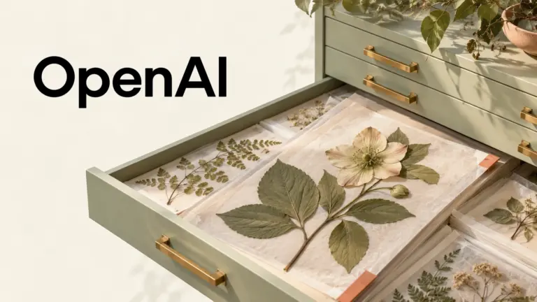 OpenAI wordmark beside an illustrated botanical specimen drawer in a sage-green research archive.