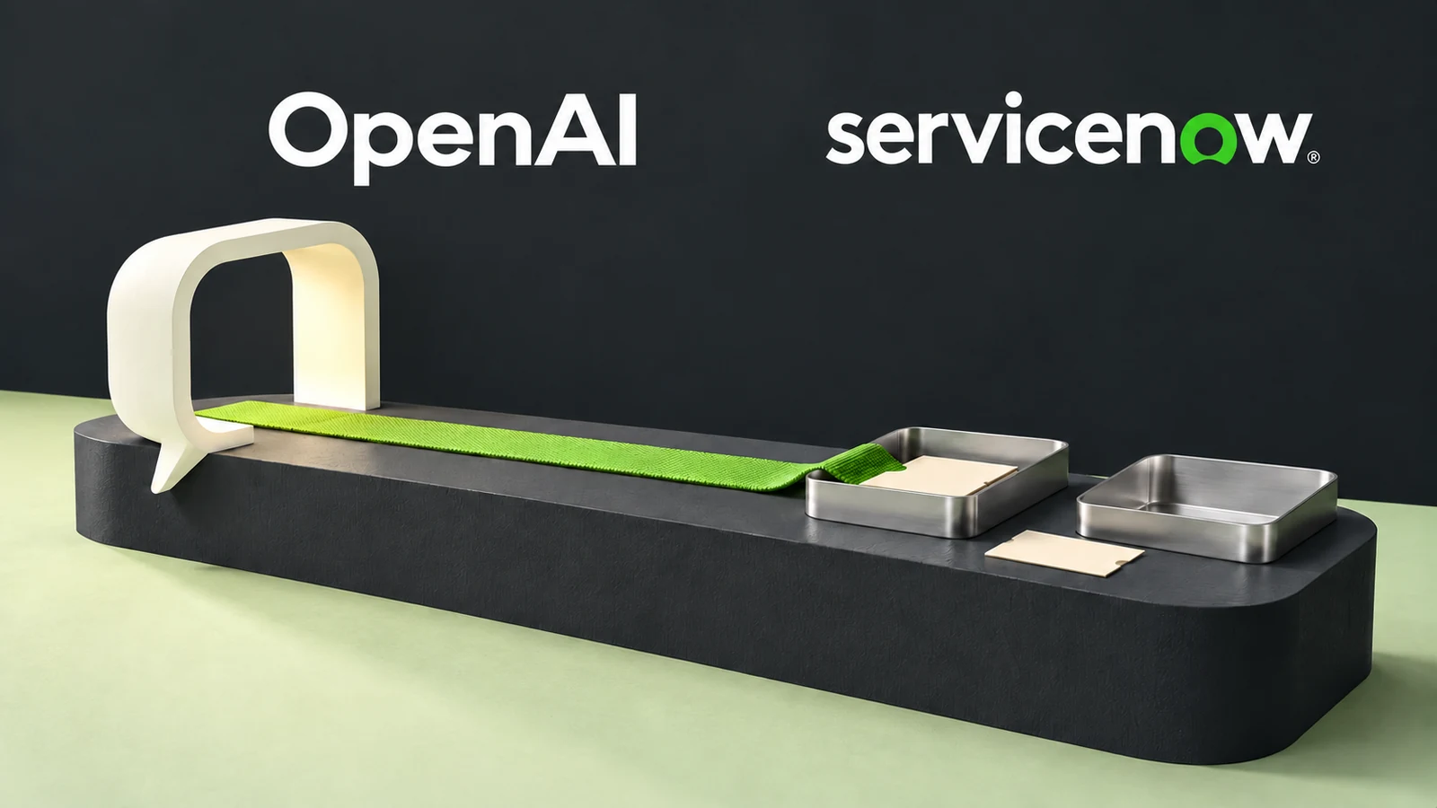 OpenAI and ServiceNow wordmarks above a cream speech bubble, lime strap and metal ticket trays on a charcoal counter.