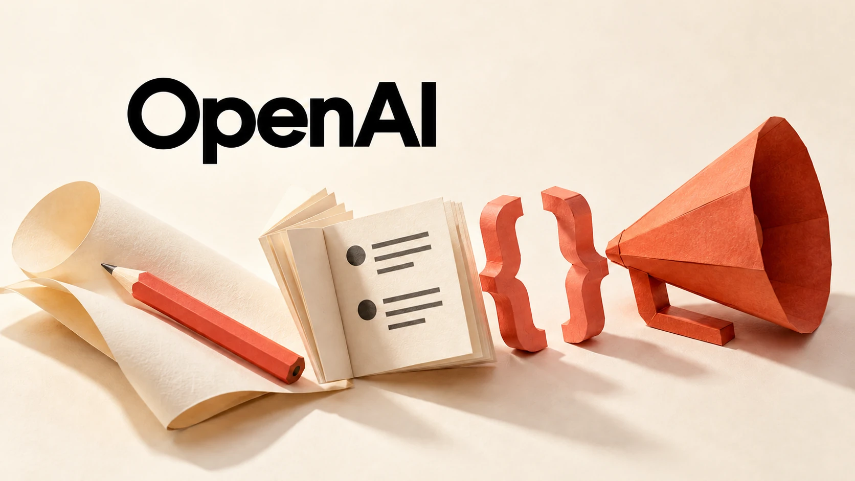 OpenAI wordmark above a paper curl, coral pencil, open booklet, coding braces and folded paper megaphone.