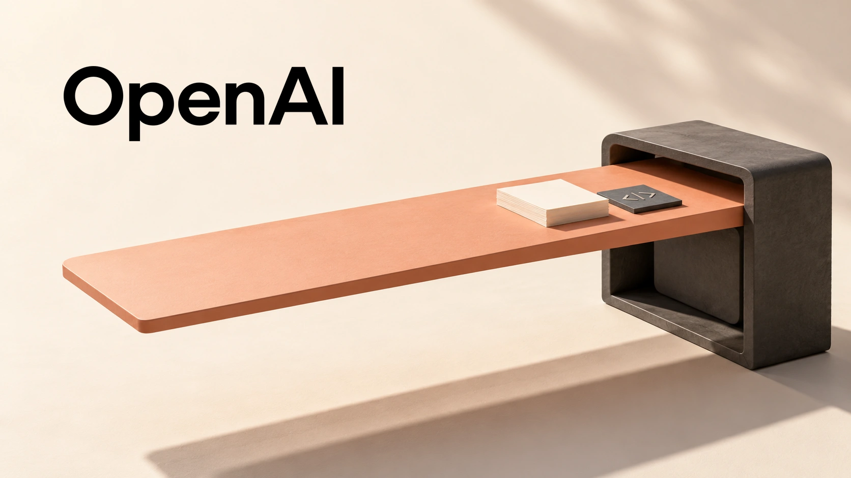OpenAI wordmark above an extended peach-colored work surface with paper and a small code-symbol tile.
