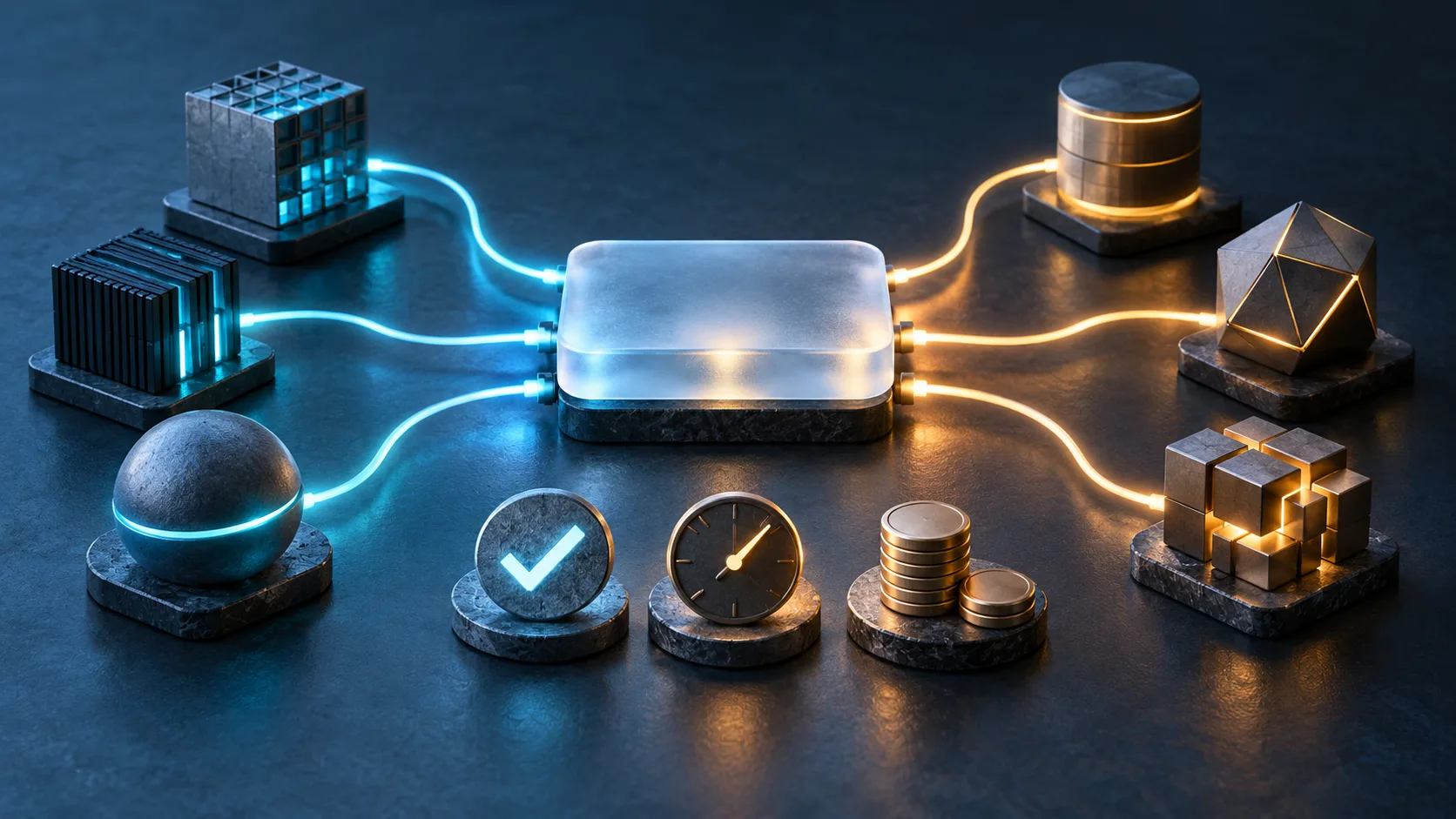 Glowing paths connect a central routing node to different modules beside symbols for quality time and cost