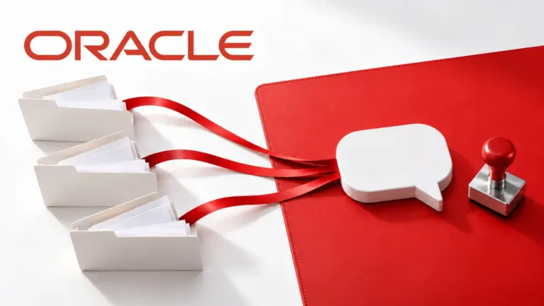 Oracle wordmark above three folders connected by red ribbons to a speech bubble and approval stamp.