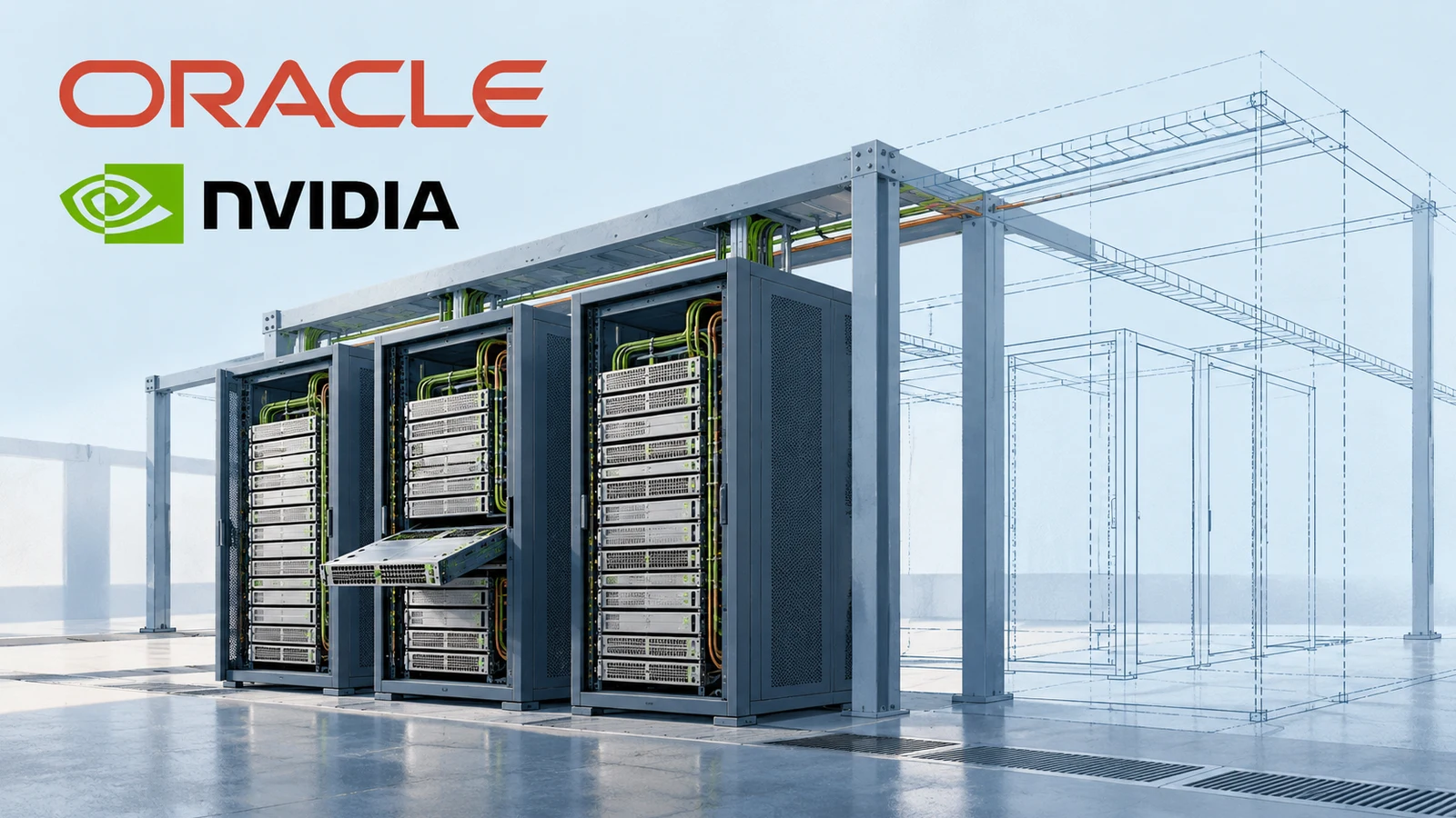 Oracle and NVIDIA logos above illustrated server cabinets and an outlined expansion bay.