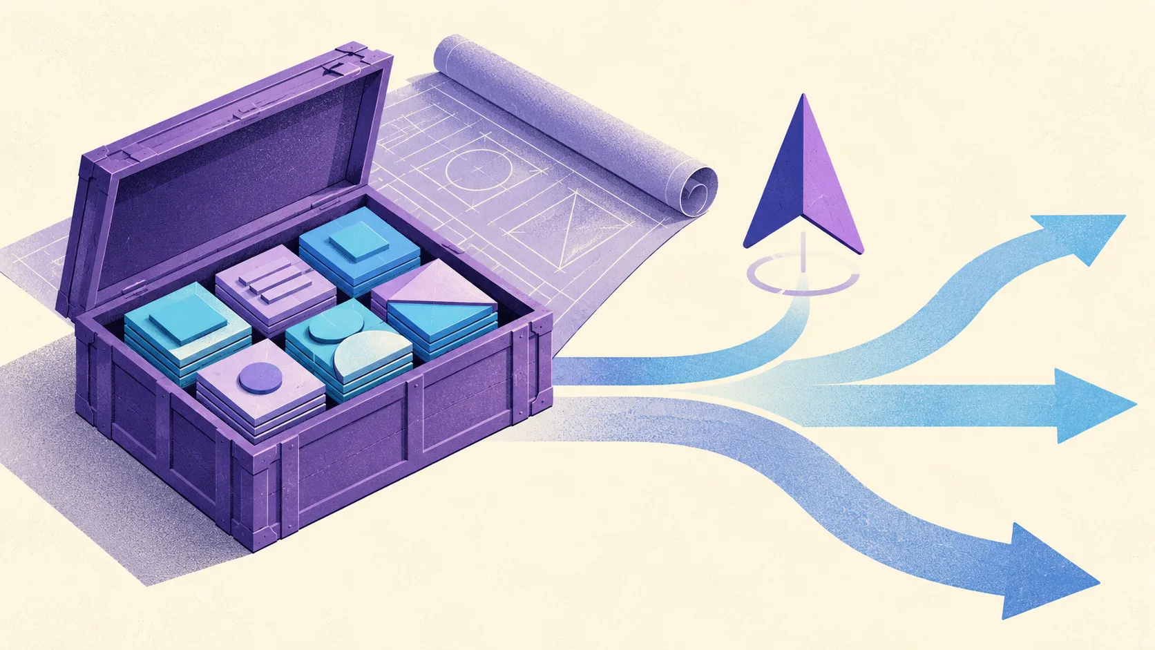 Open violet crate containing cyan and lavender model tiles beside a blueprint and compass above branching paths