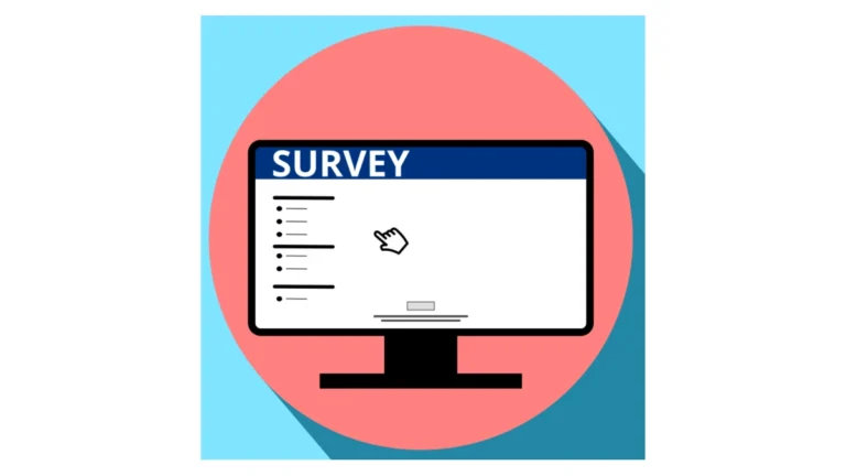 Illustration of a computer monitor displaying survey questions against a coral circle and blue background