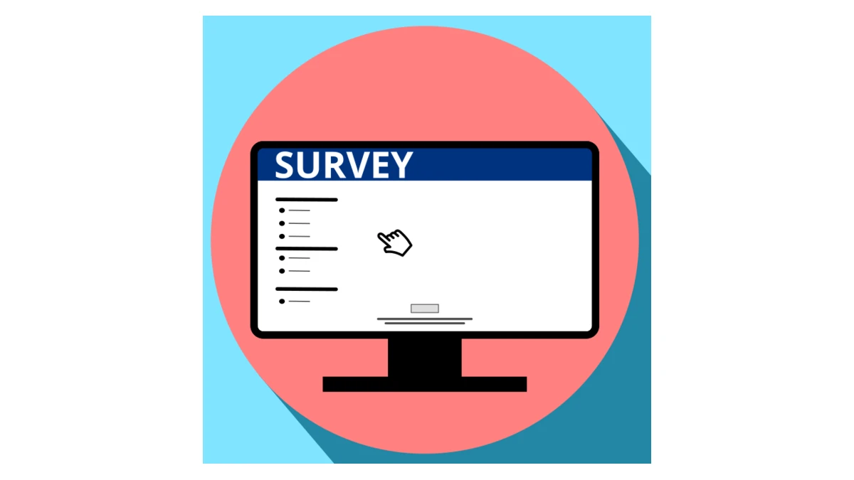 Illustration of a computer monitor displaying survey questions against a coral circle and blue background