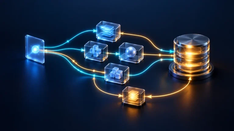 Cyan and amber paths connect glass task modules with a glowing storage core