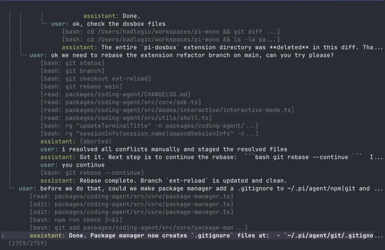 Pi terminal interface displaying branching conversation history and coding commands
