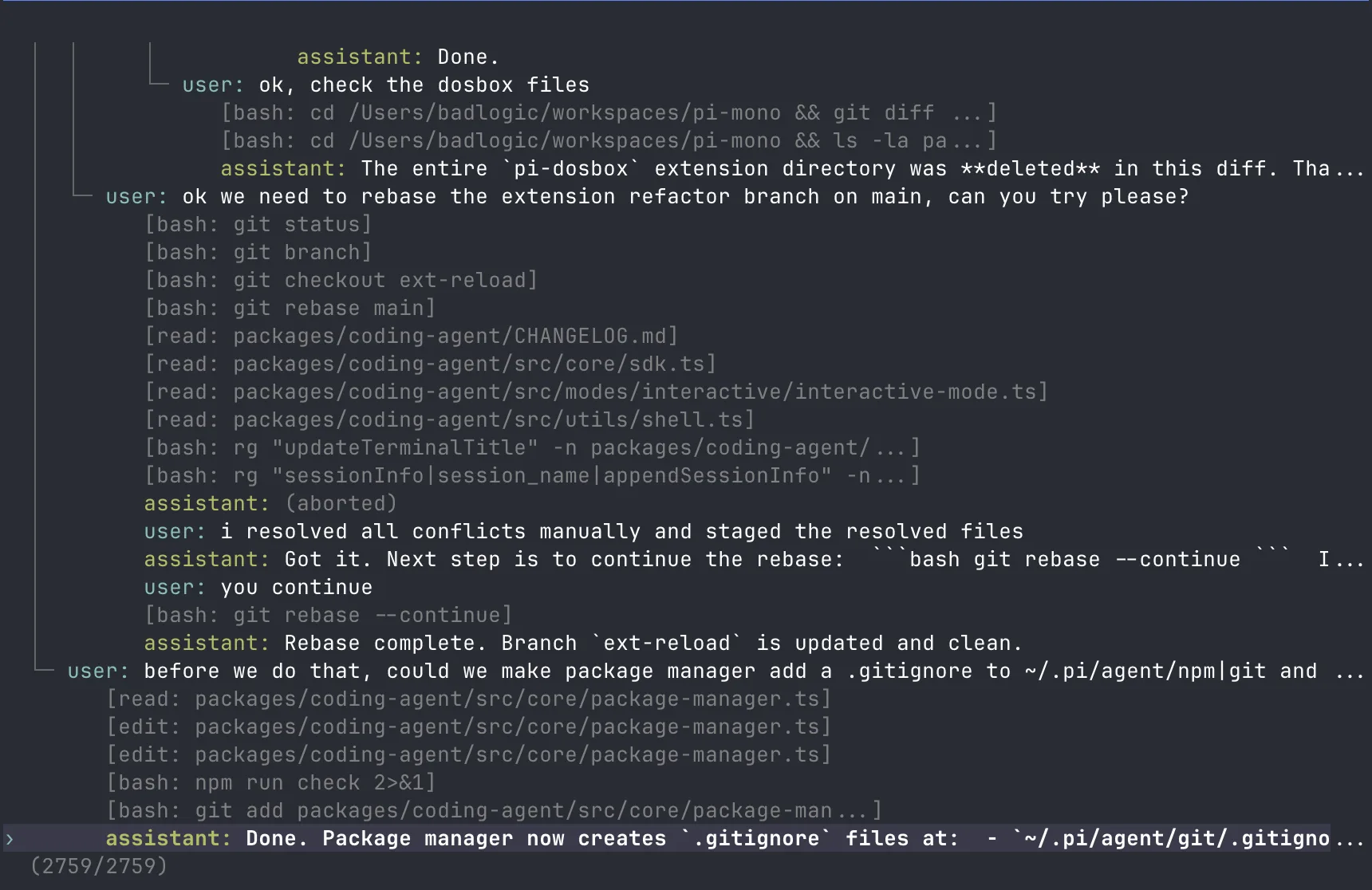 Pi terminal interface displaying branching conversation history and coding commands