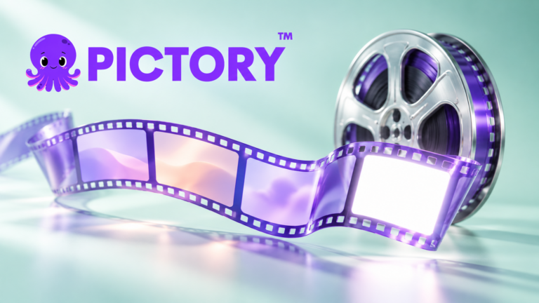 Pictory wordmark and octopus logo above a violet film ribbon and silver reel