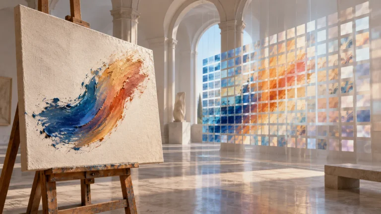 Conceptual illustration of a textured artist canvas beside a luminous grid of digital color tiles in a quiet gallery